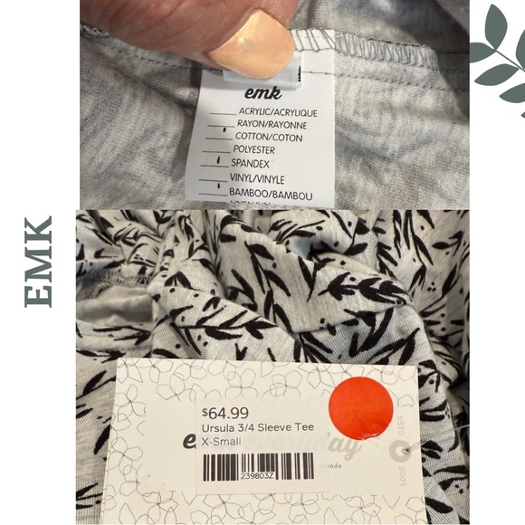 EMK X-Small Graphic Leaf Pattern Top | Ursula 3/4 Sleeve Tee | Grey Black - Picture 7 of 7
